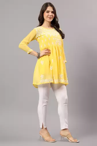 Seva chikan hand embroidered yellow georgette lucknowi chikan top with slip scl9246