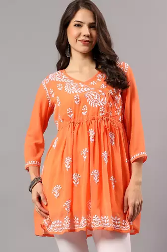 Seva chikan hand embroidered orange georgette lucknowi chikan top with slip scl9247