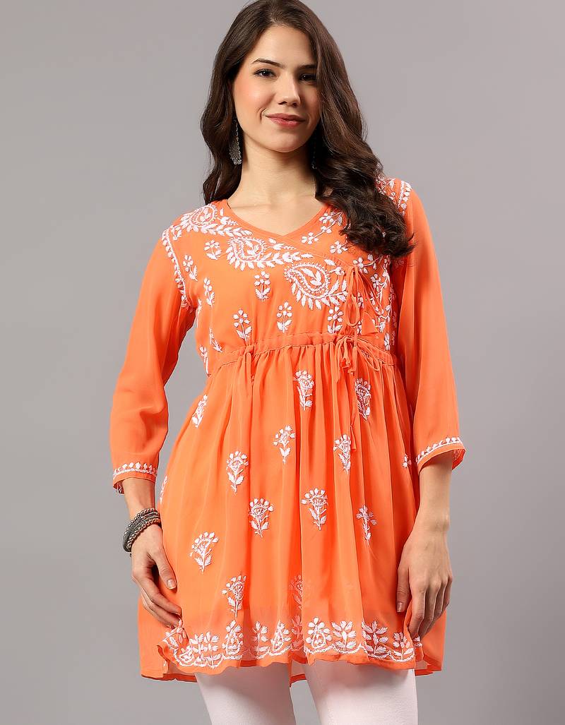 Seva chikan hand embroidered orange georgette lucknowi chikan top with slip scl9247