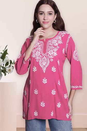 hand embroidered carrot pink rayon lucknowi chikan top