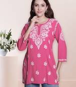Seva chikan hand embroidered carrot pink rayon lucknowi chikan top scl9236
