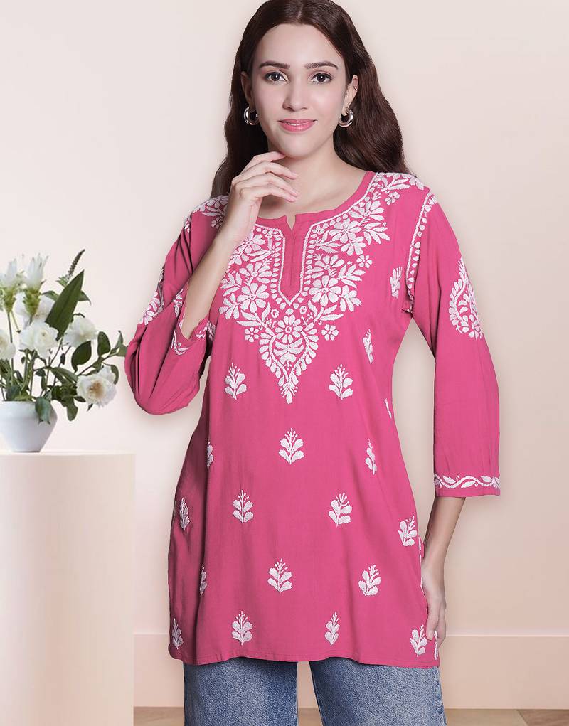 Seva chikan hand embroidered carrot pink rayon lucknowi chikan top scl9236