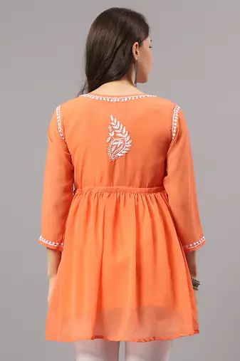 Seva chikan hand embroidered orange georgette lucknowi chikan top with slip scl9247