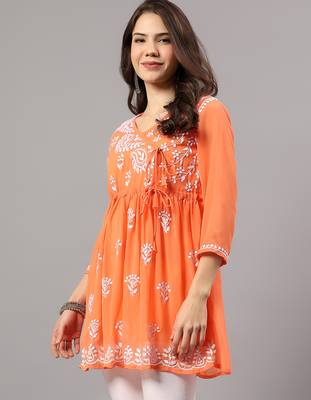 Seva chikan hand embroidered orange georgette lucknowi chikan top with slip scl9247 3