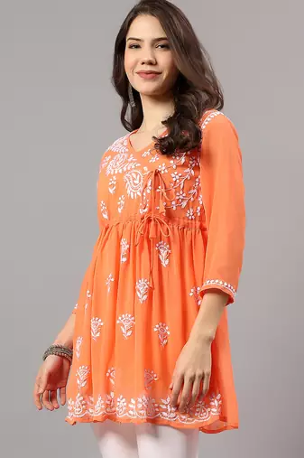 Seva chikan hand embroidered orange georgette lucknowi chikan top with slip scl9247