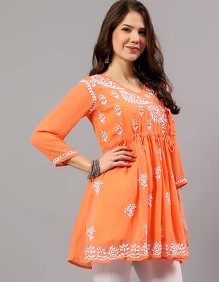 Seva chikan hand embroidered orange georgette lucknowi chikan top with slip scl9247 4