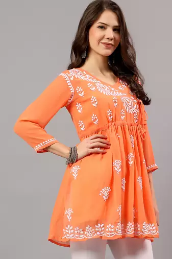 Seva chikan hand embroidered orange georgette lucknowi chikan top with slip scl9247