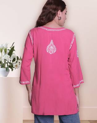 Seva chikan hand embroidered carrot pink rayon lucknowi chikan top scl9236 2