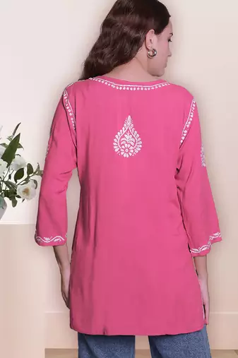 Seva chikan hand embroidered carrot pink rayon lucknowi chikan top scl9236