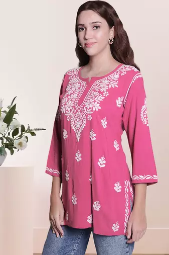 Seva chikan hand embroidered carrot pink rayon lucknowi chikan top scl9236