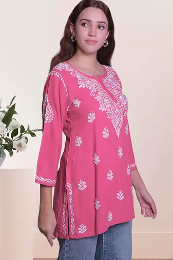 Seva chikan hand embroidered carrot pink rayon lucknowi chikan top scl9236