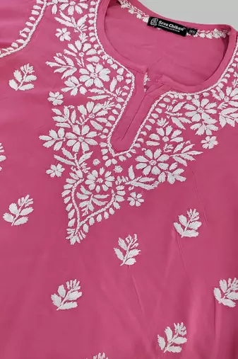 Seva chikan hand embroidered carrot pink rayon lucknowi chikan top scl9236