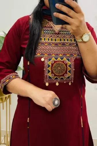 Maroon cotton embroidered thread work ethnic kurta set with dupatta