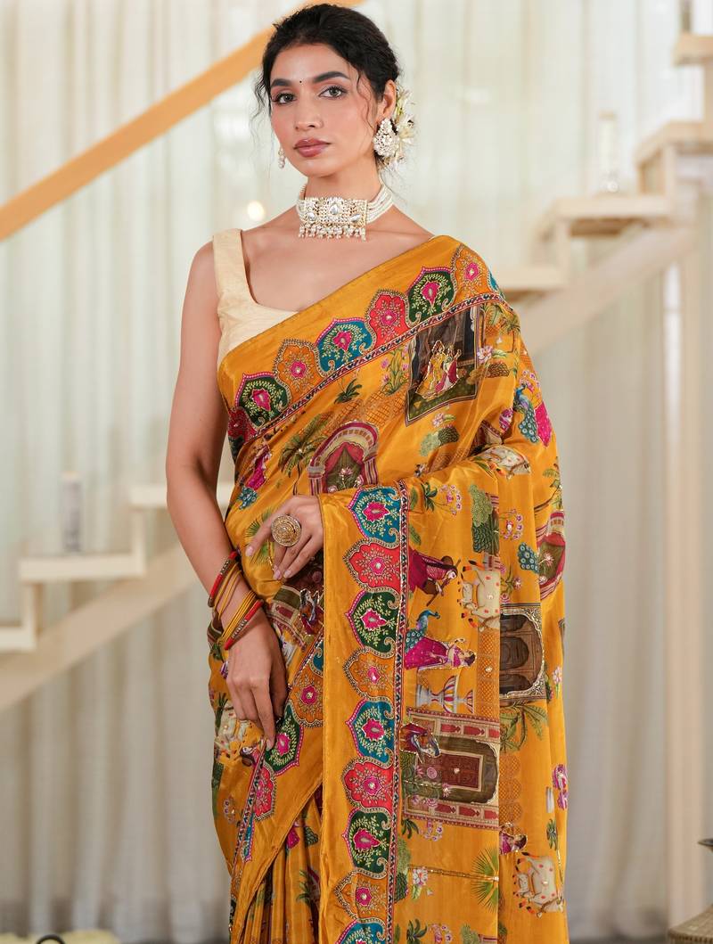 Sunehri- Mustard crepe saree with cutdana work hand embroidery