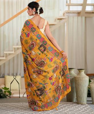 Sunehri- Mustard crepe saree with cutdana work hand embroidery 2
