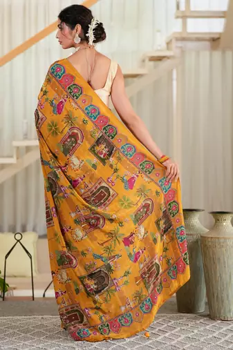 Sunehri- Mustard crepe saree with cutdana work hand embroidery