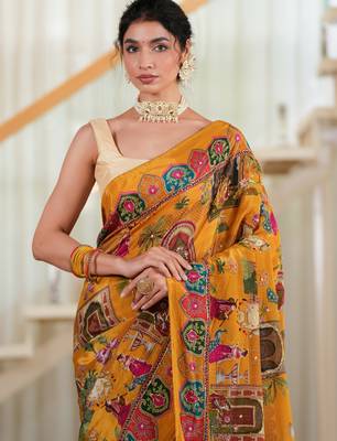Sunehri- Mustard crepe saree with cutdana work hand embroidery 3