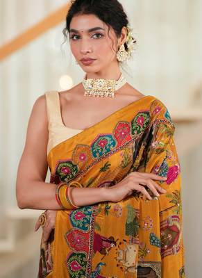 Sunehri- Mustard crepe saree with cutdana work hand embroidery 4