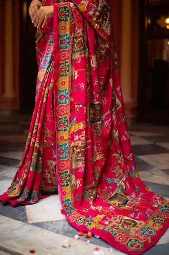 Madhavi- red crepe saree with cutdana work hand embroidery 