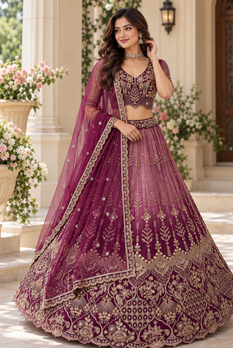 Plum Color Beads,Sequins And Thread Work Net Lehenga Choli