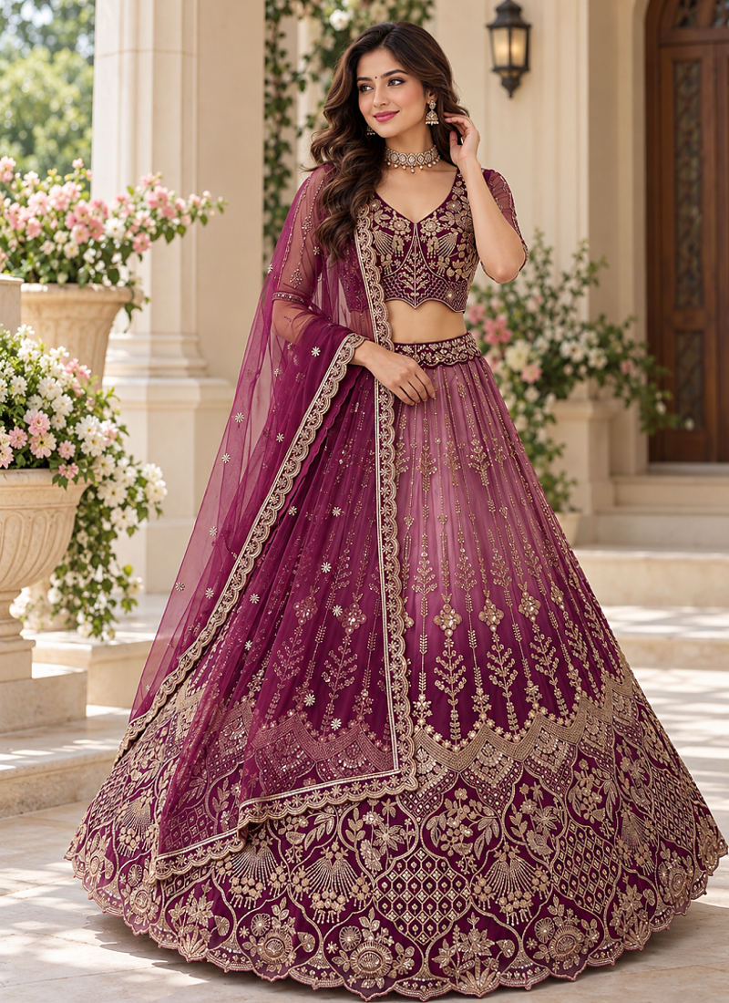 Plum Color Beads,Sequins And Thread Work Net Lehenga Choli