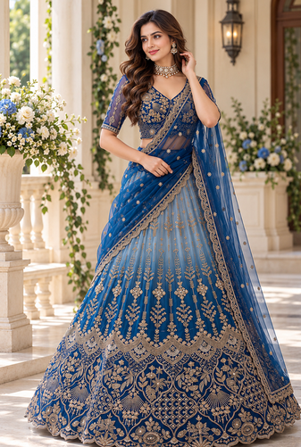 Teal Color Beads,Sequins And Thread Work Net Lehenga Choli