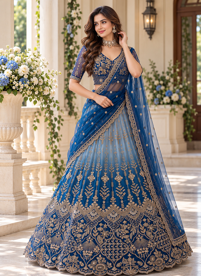 Teal Color Beads,Sequins And Thread Work Net Lehenga Choli