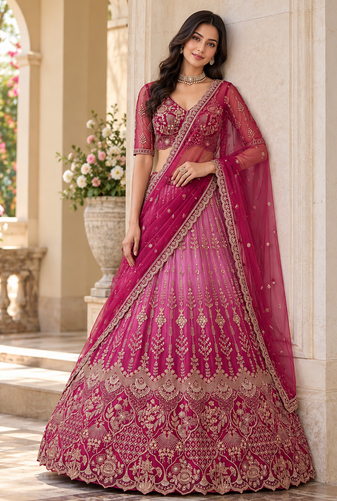 Rani Pink Color Beads,Sequins And Thread Work Net Lehenga Choli