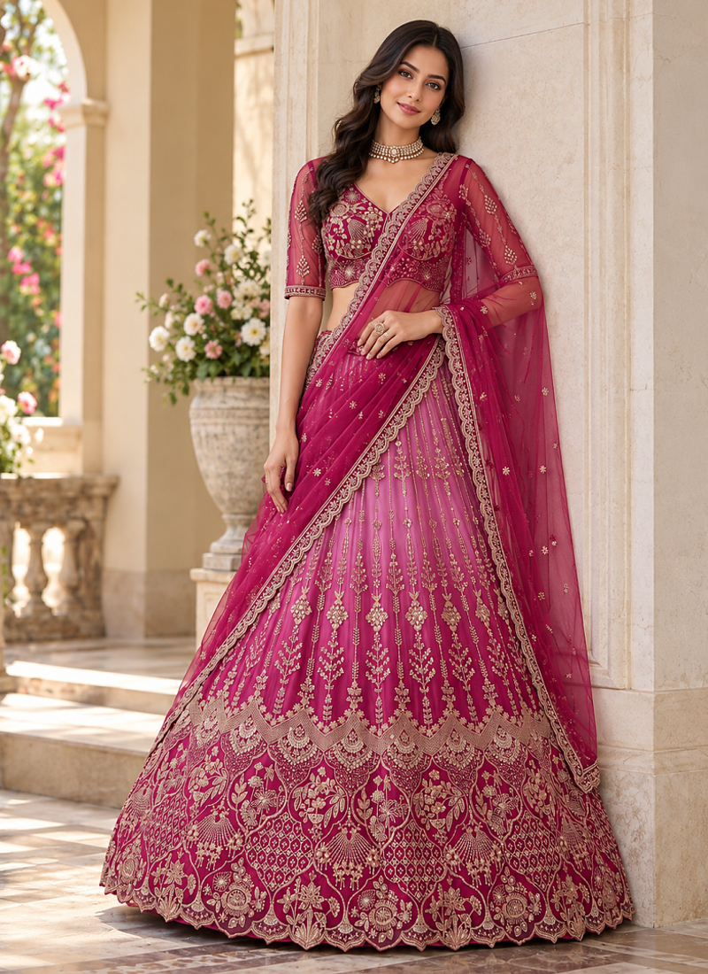 Rani Pink Color Beads,Sequins And Thread Work Net Lehenga Choli