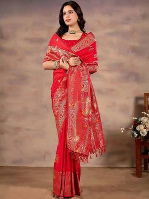 Ethnic Motifs Zari Silk Blend Heavy Work Banarasi Saree 1