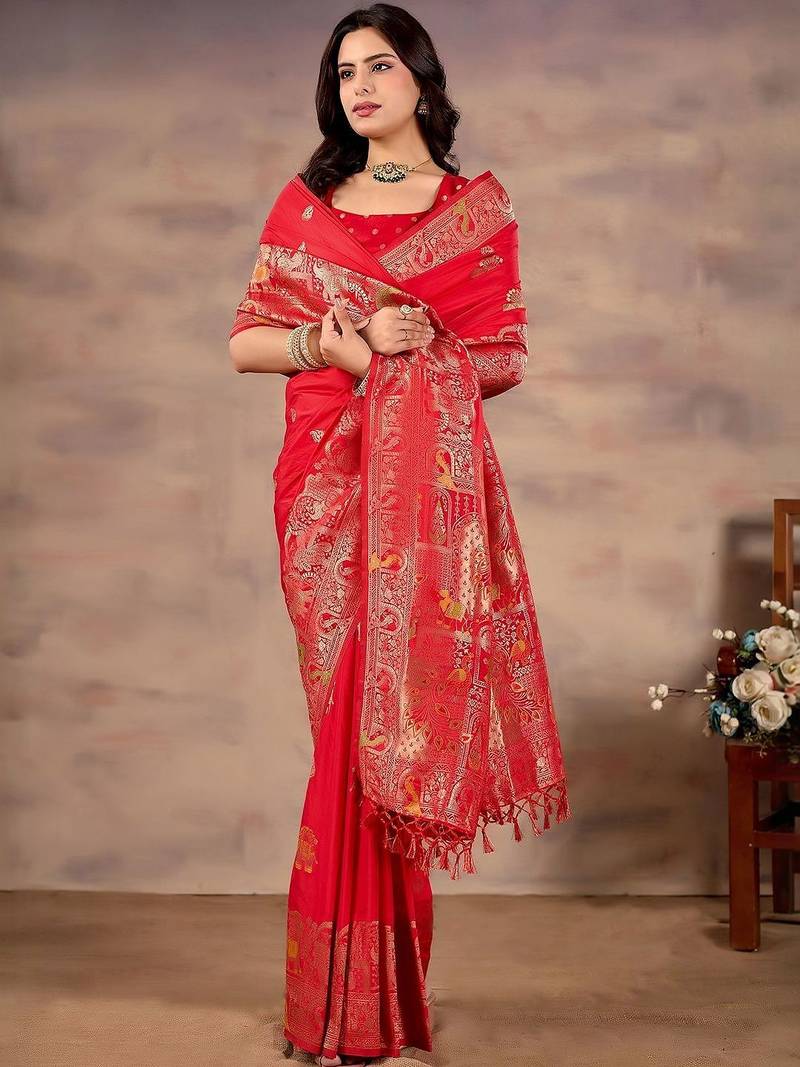 Ethnic Motifs Zari Silk Blend Heavy Work Banarasi Saree