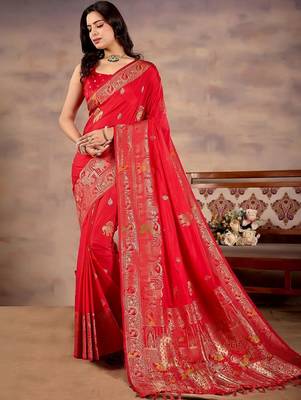 Ethnic Motifs Zari Silk Blend Heavy Work Banarasi Saree 3