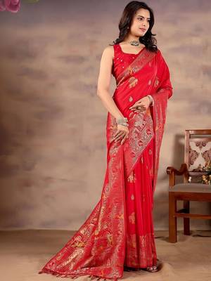 Ethnic Motifs Zari Silk Blend Heavy Work Banarasi Saree 7