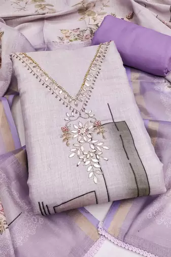 lavender unstitched shimmer print handwork with printed dupatta linen dress material