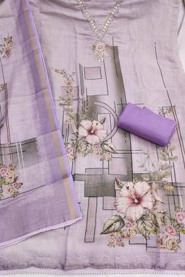 lavender unstitched shimmer print handwork with printed dupatta linen dress material 2