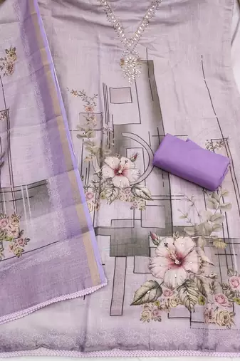 lavender unstitched shimmer print handwork with printed dupatta linen dress material