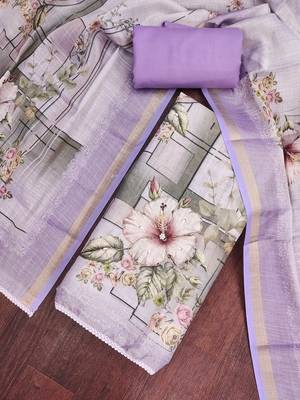 lavender unstitched shimmer print handwork with printed dupatta linen dress material 4