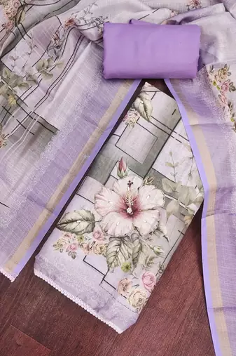lavender unstitched shimmer print handwork with printed dupatta linen dress material