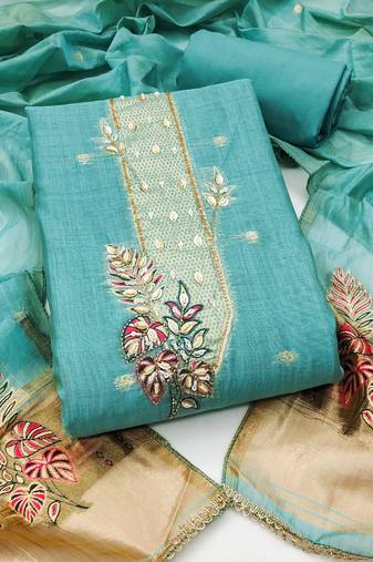sky blue unstitched weaving handwork with woven dupatta dress material