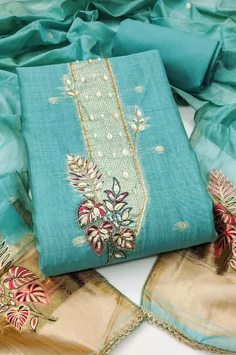 sky blue unstitched weaving handwork with woven dupatta dress material