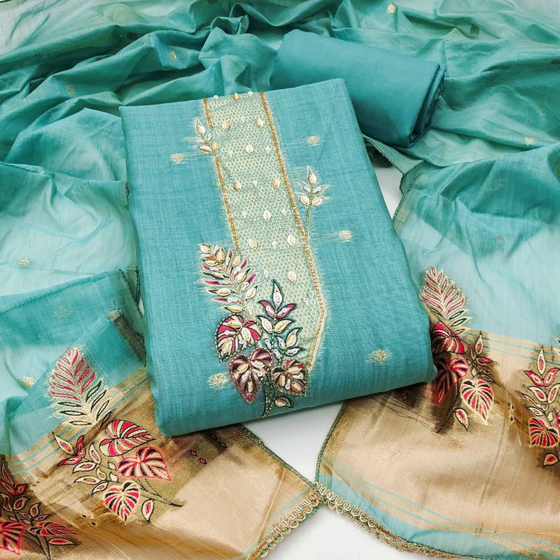 sky blue unstitched weaving handwork with woven dupatta dress material