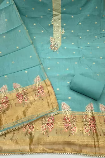 sky blue unstitched weaving handwork with woven dupatta dress material
