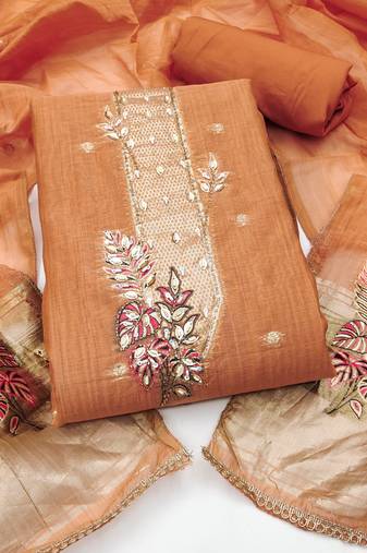 peach unstitched weaving handwork with woven dupatta dress material