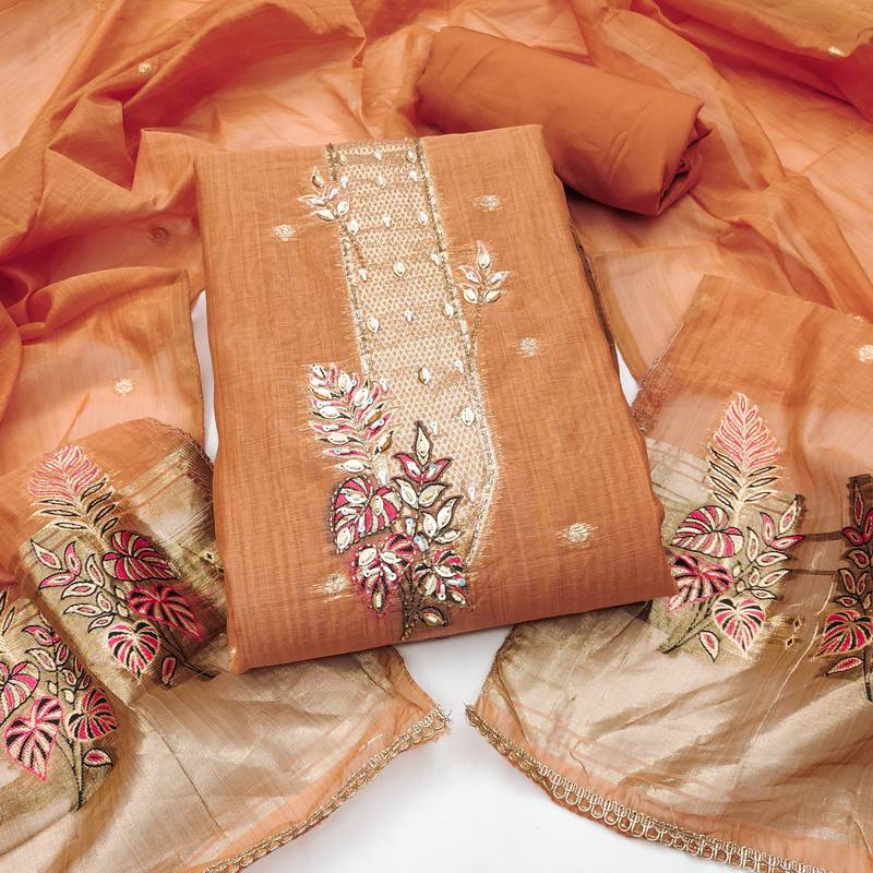 peach unstitched weaving handwork with woven dupatta dress material