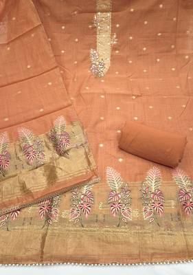 peach unstitched weaving handwork with woven dupatta dress material 2