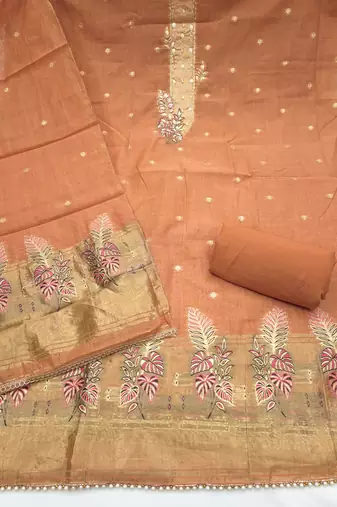 peach unstitched weaving handwork with woven dupatta dress material