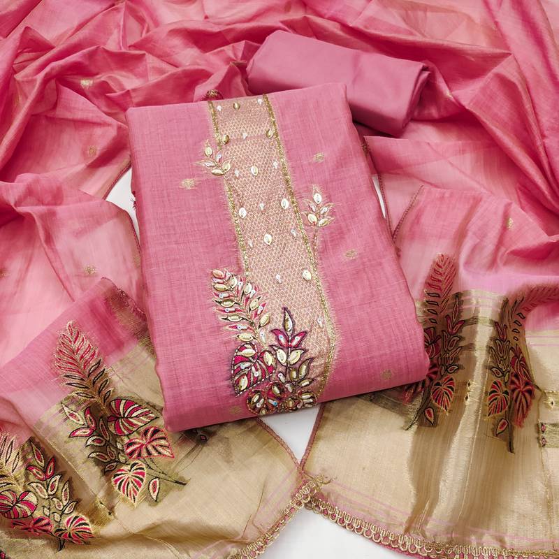 baby pink unstitched weaving handwork with woven dupatta dress material