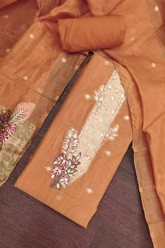 peach unstitched weaving handwork with woven dupatta dress material