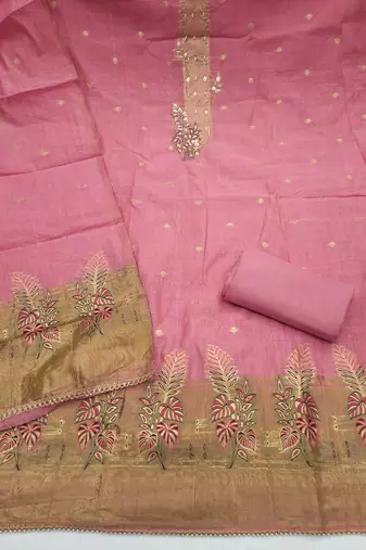 baby pink unstitched weaving handwork with woven dupatta dress material