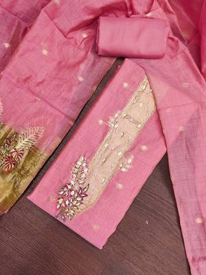 baby pink unstitched weaving handwork with woven dupatta dress material 4